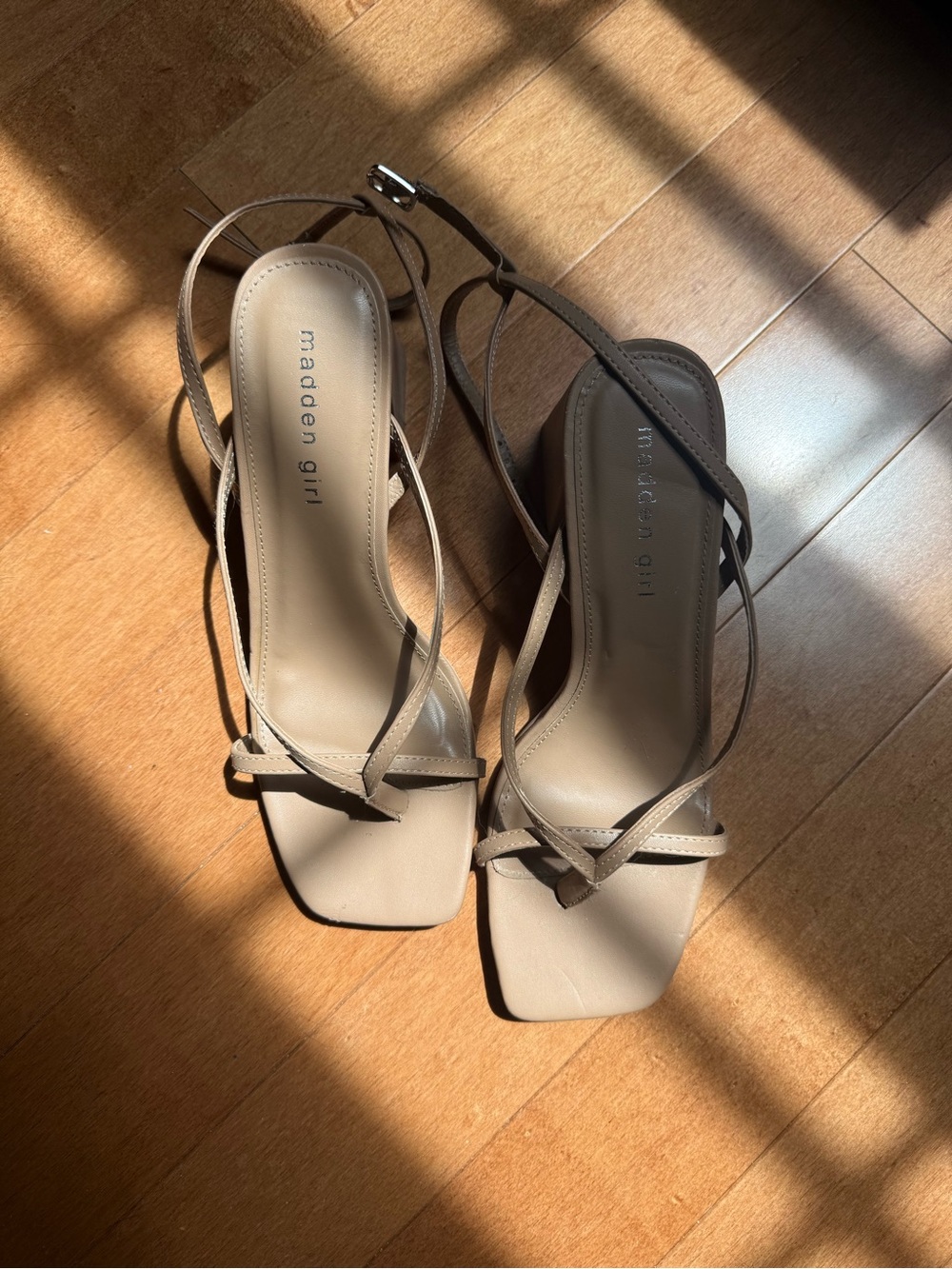 Madden Girl Taupe Strappy Square-Toe Heels